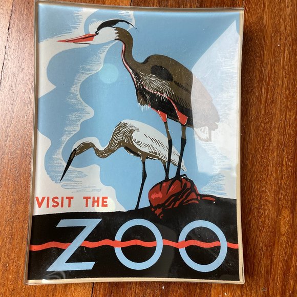 NEW Visit the Zoo with Cranes / Herons Vintage Poster Reproduced on Glass Tray - Picture 1 of 3